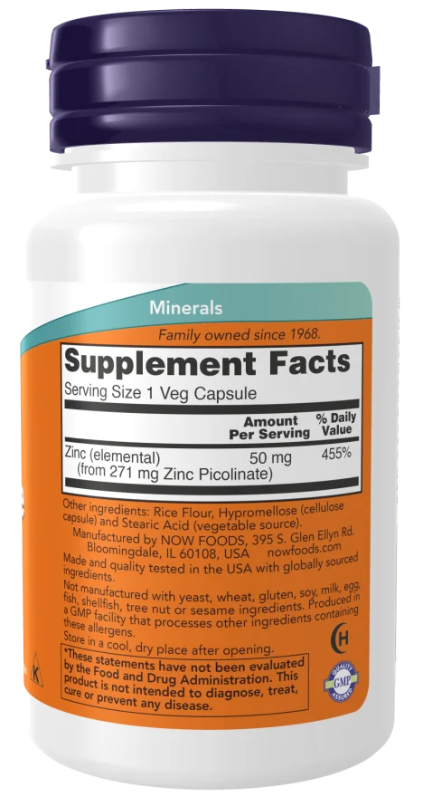 NOW Foods Zinc Picolinate 50 mg – 60 Veg Capsules
